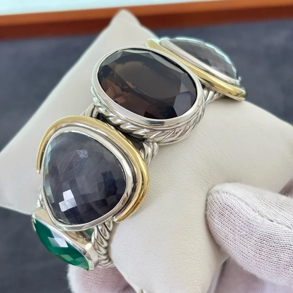 David Yurman 925 & 18k Gold Multi-Stone Viridian Cable Bracelet-Medium